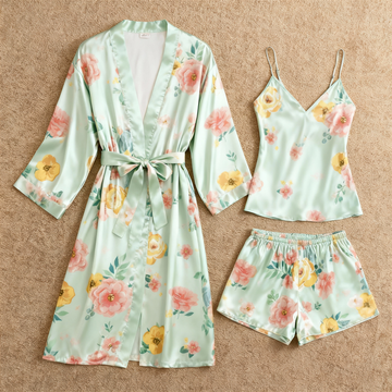 Elegant Light Green Satin Loungewear Trio with Florals Print