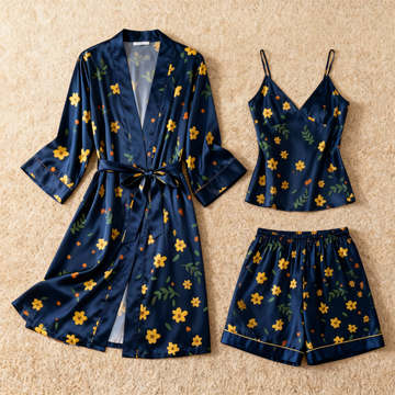 Yellow Floral & Dreamscape Satin Sleepwear Trio for Women