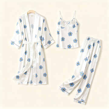 Satin 3-Piece Simple Blue Floral Sleepwear Set for Women