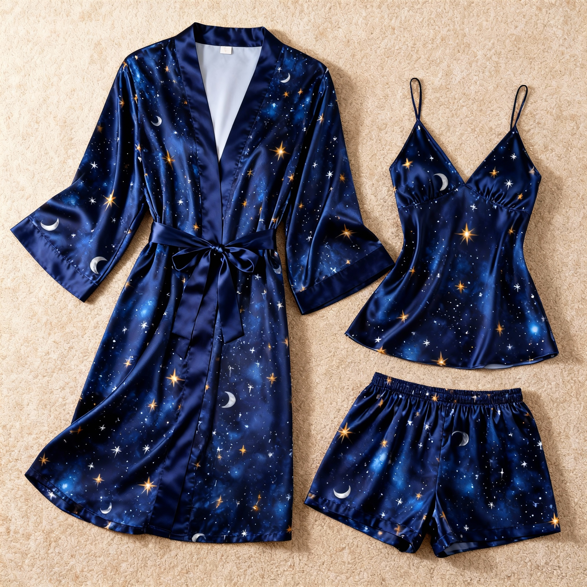 Elegant Satin Loungewear Trio with Night Sky Design
