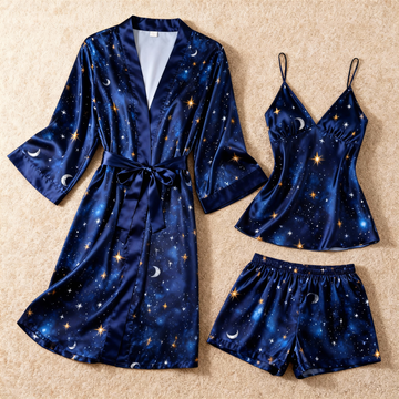 Elegant Satin Loungewear Trio with Night Sky Design