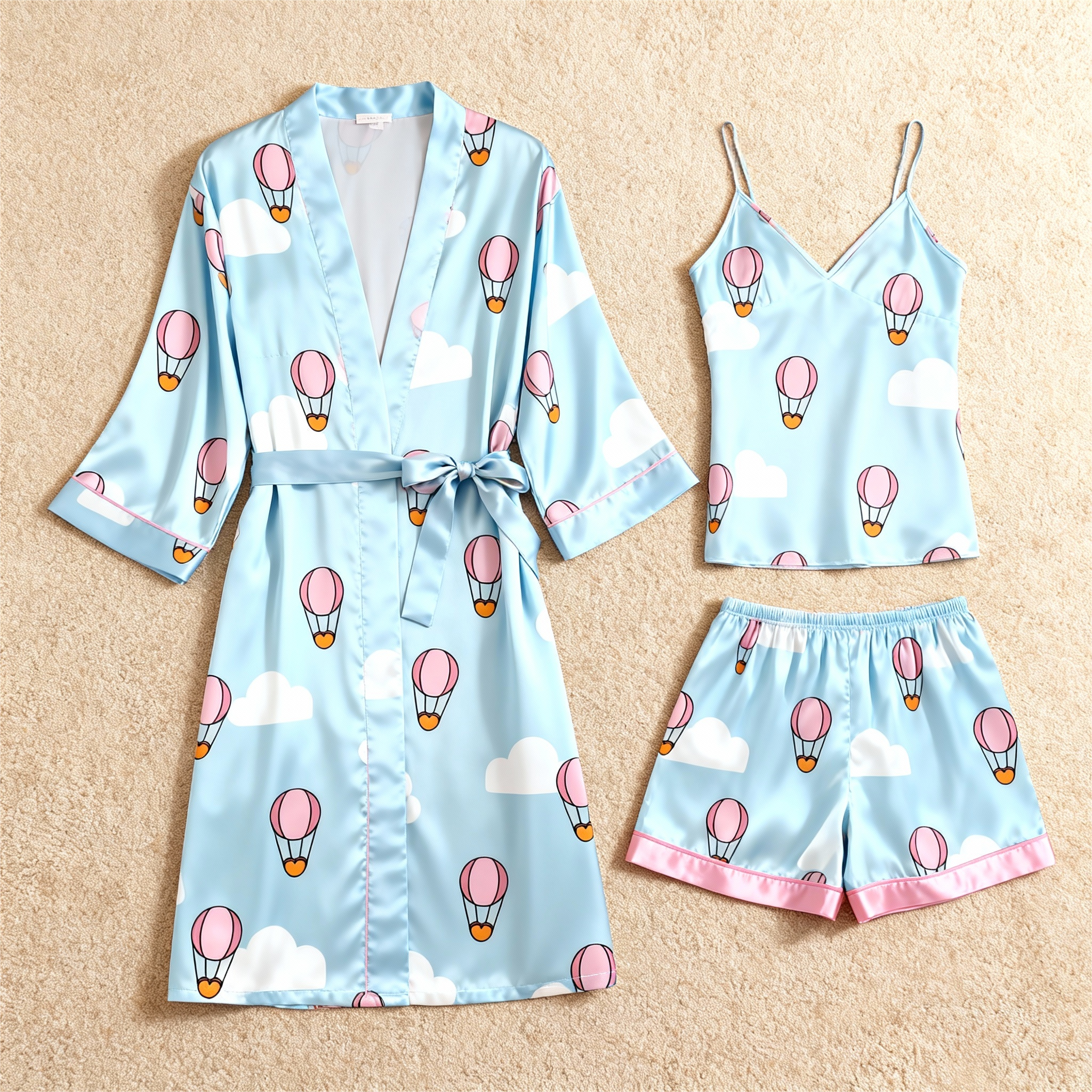 Cartoon Sky Balloon & Dreamscape Satin Sleepwear Trio for Women