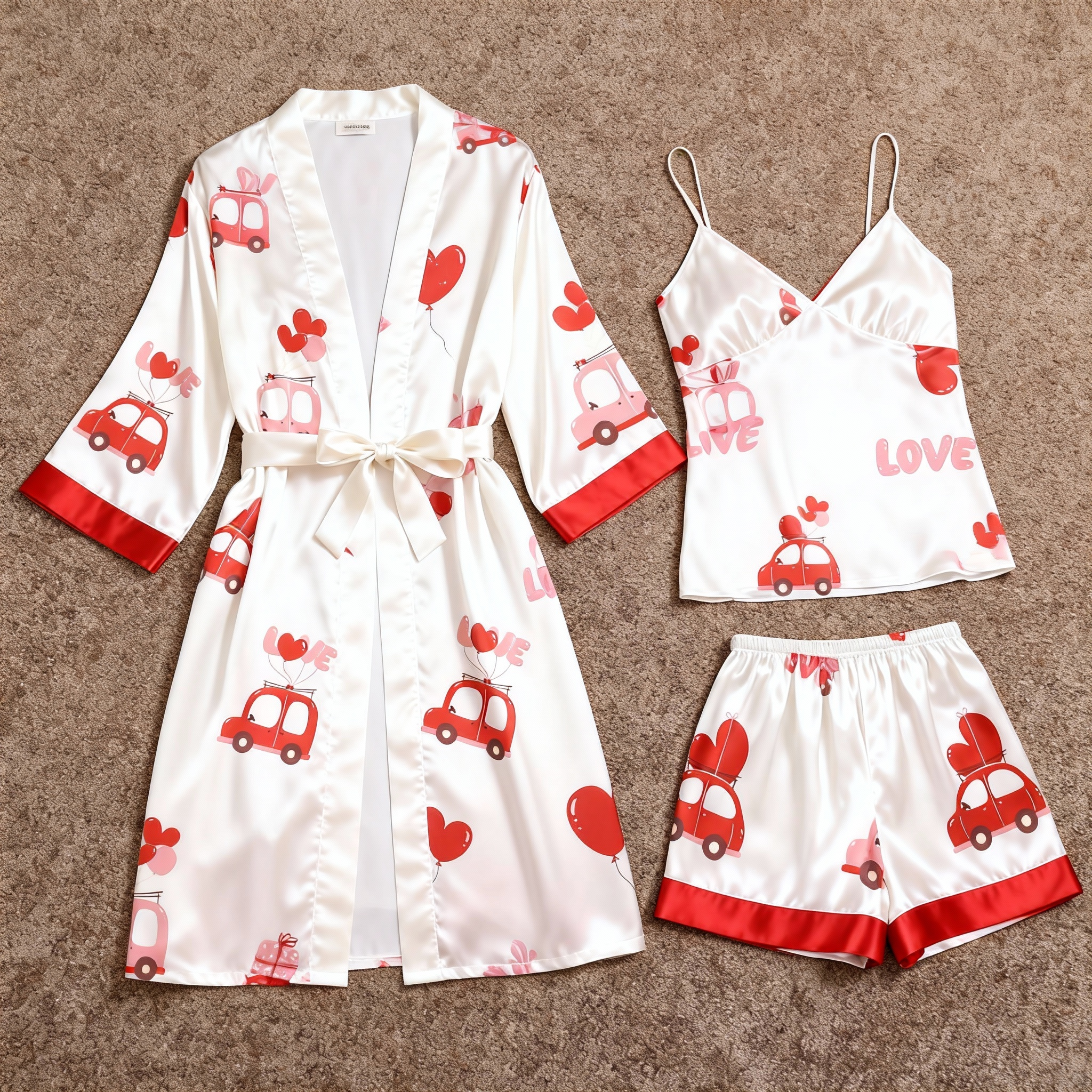 Women's Premium Satin Sleep Set Featuring Romantic Car Design