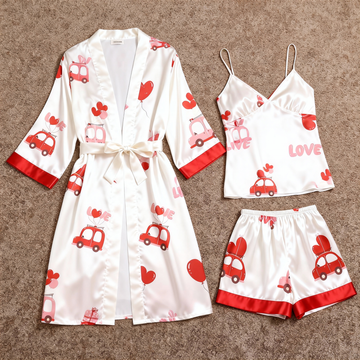 Women's Premium Satin Sleep Set Featuring Romantic Car Design