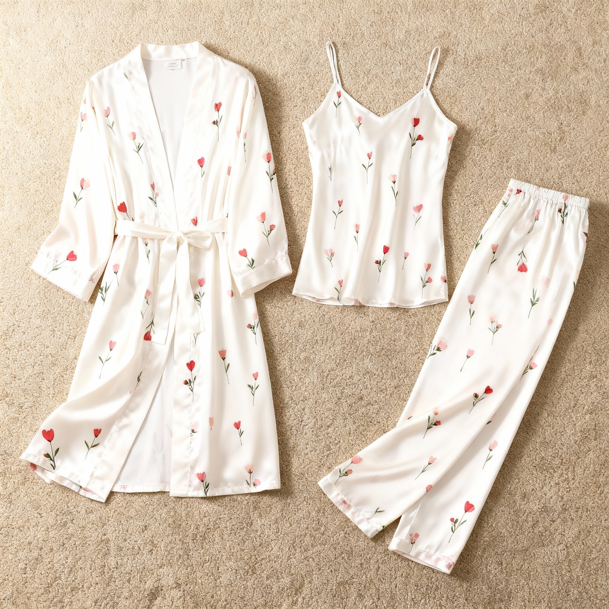 Women's Satin 3-Piece Loungewear Set in Simple Floral Style