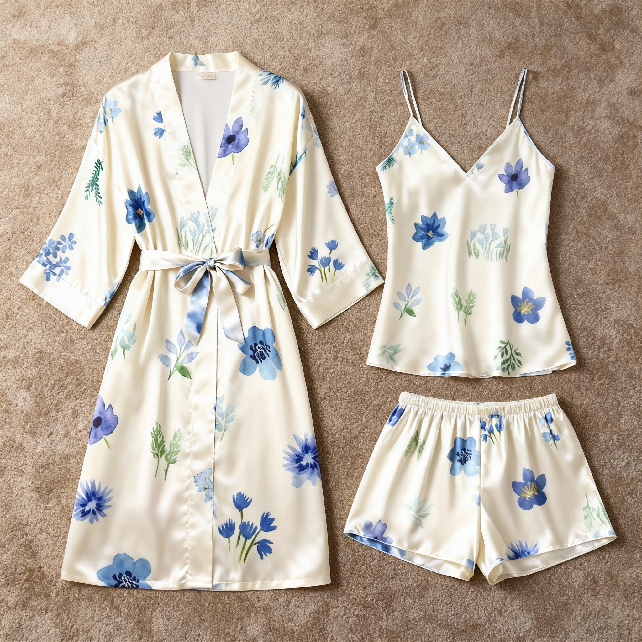 Elegant Satin Loungewear Trio with Blue Florals Print