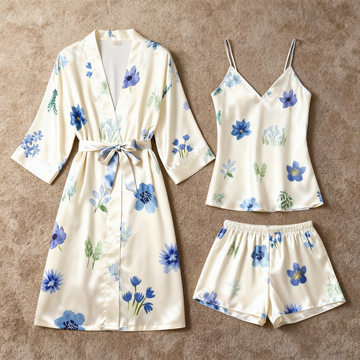 Elegant Satin Loungewear Trio with Blue Florals Print