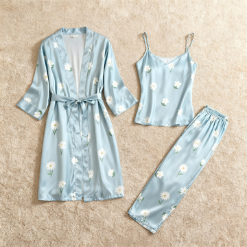 Satin 3-Piece Elegant Blue Floral Sleepwear Set for Women