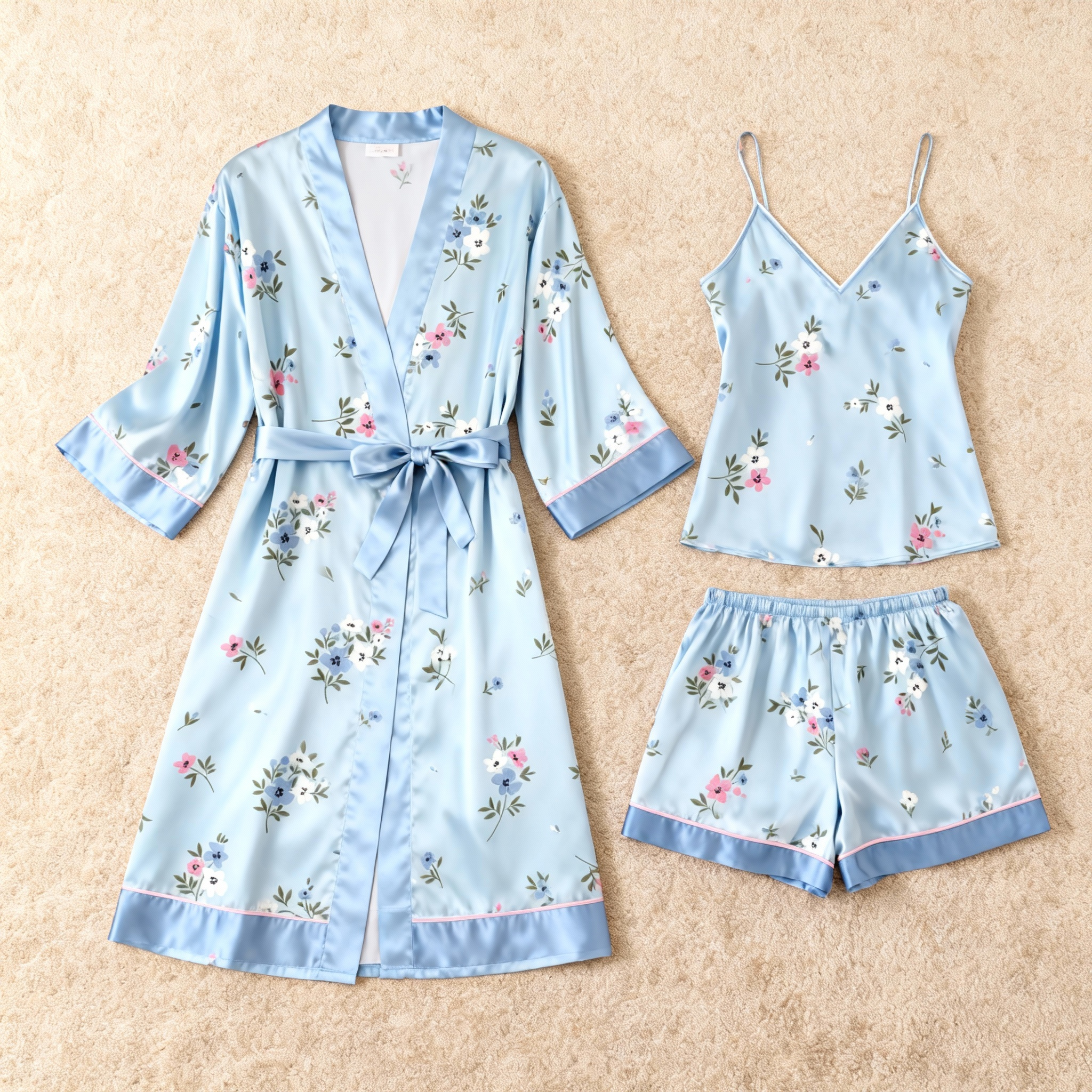 Blue Floral & Dreamscape Satin Sleepwear Trio for Women
