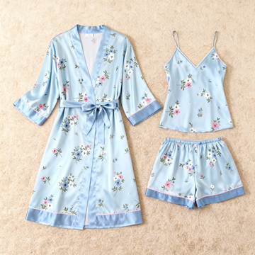 Blue Floral & Dreamscape Satin Sleepwear Trio for Women