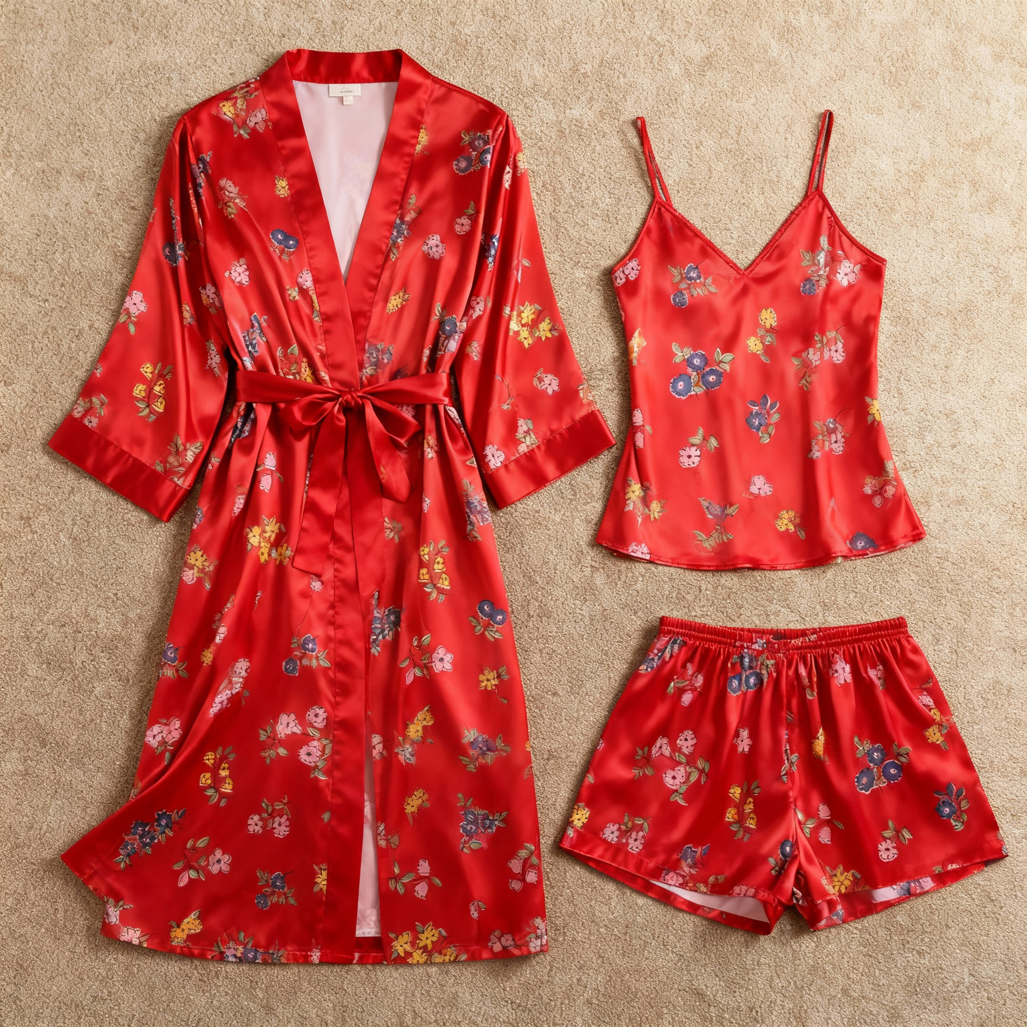 Chic Satin 3-Piece Pajama Set Featuring Floral Designs