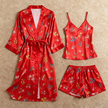 Chic Satin 3-Piece Pajama Set Featuring Floral Designs