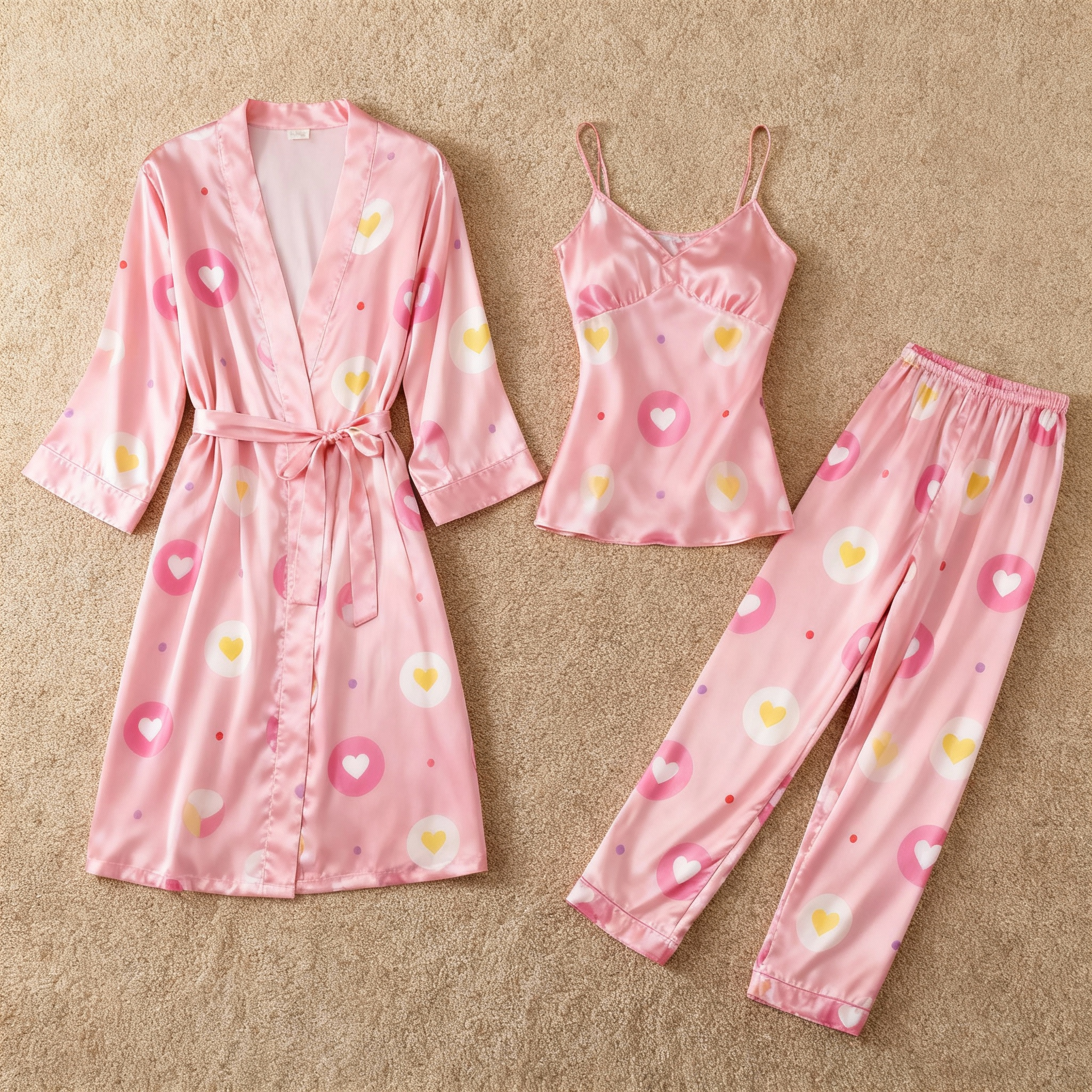 Satin 3-Piece Lovely Hearts Sleepwear Set for Women