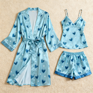 Blue Heart Shape & Dreamscape Satin Sleepwear Trio for Women