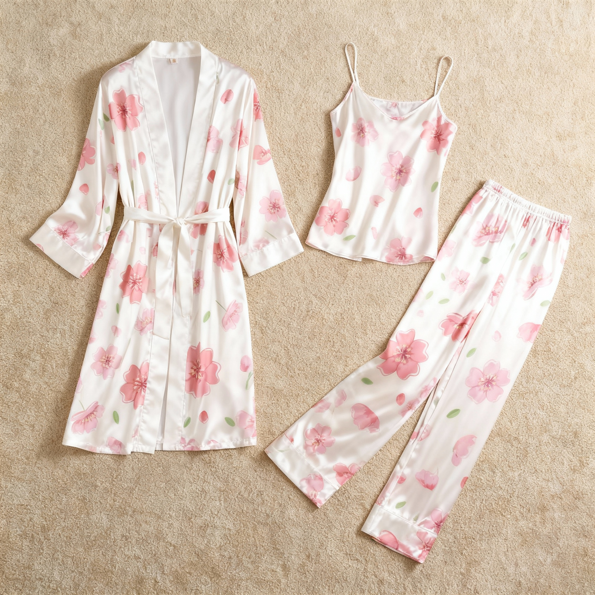 Satin 3-Piece Elegant Pink Floral Sleepwear Set for Women