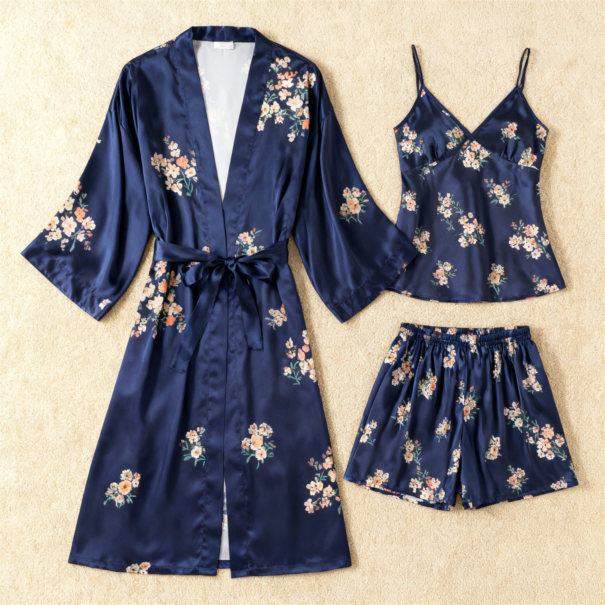 Chic Navy Satin 3-Piece Pajama Set Featuring Floral Designs