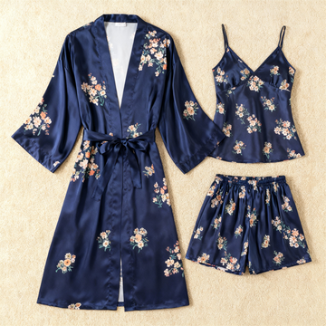Chic Navy Satin 3-Piece Pajama Set Featuring Floral Designs