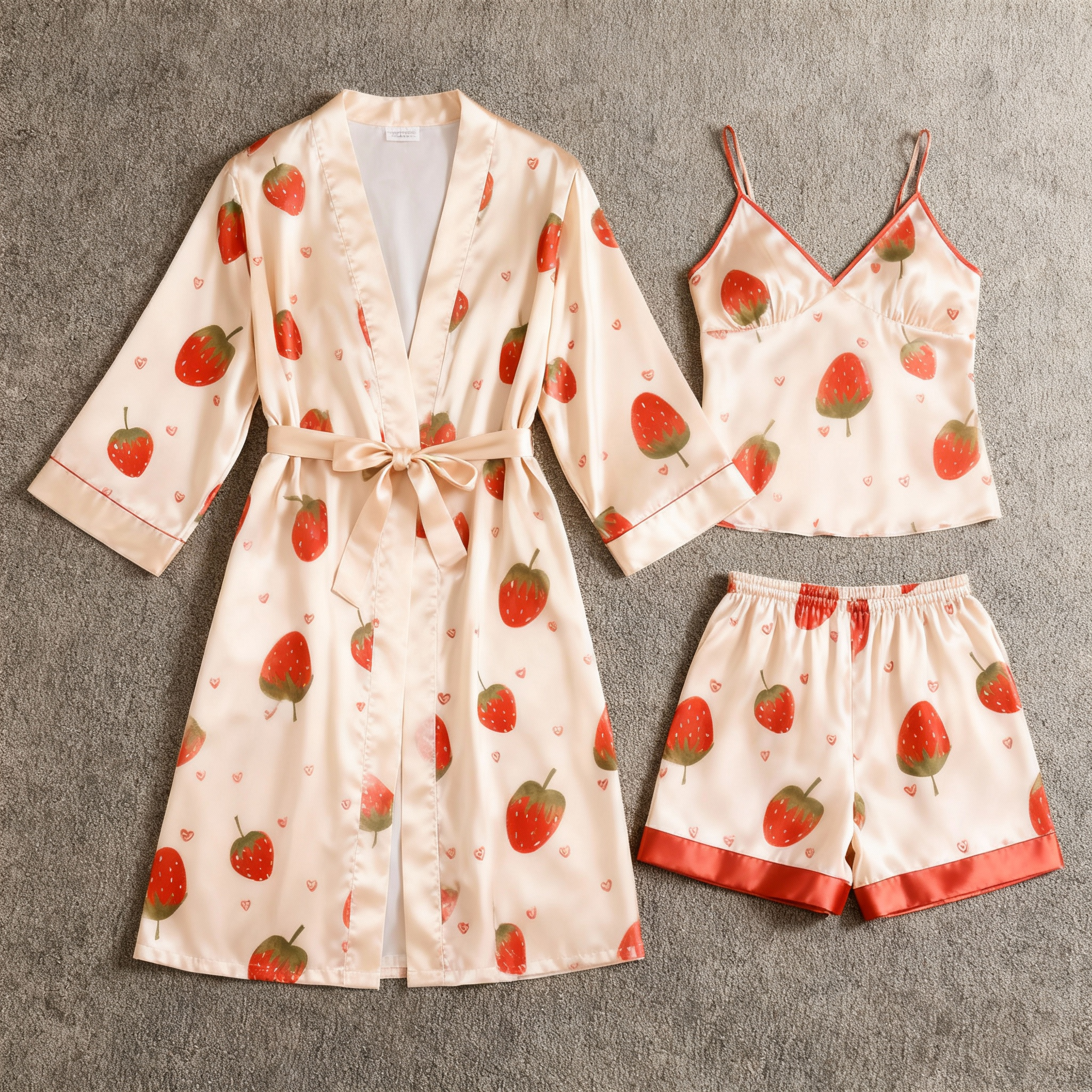 Women's Premium Satin Sleep Set Featuring Strawberry Design