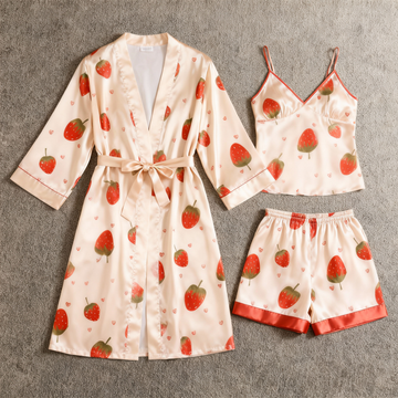 Women's Premium Satin Sleep Set Featuring Strawberry Design