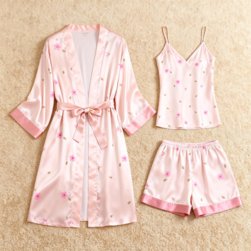 Pink Soft Floral & Dreamscape Satin Sleepwear Trio for Women