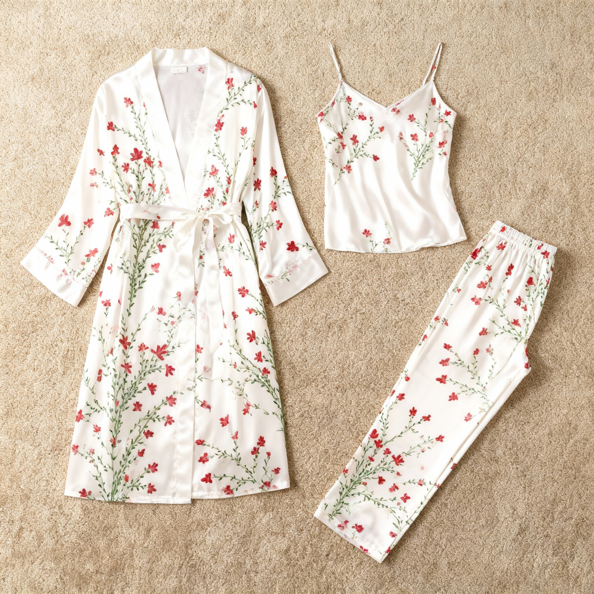 Satin 3-Piece Opulent Floral Sleepwear Set for Women