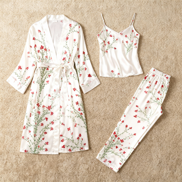 Satin 3-Piece Opulent Floral Sleepwear Set for Women