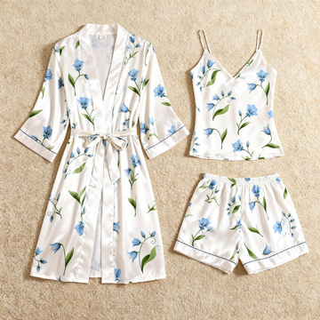 Blue Soft Floral & Dreamscape Satin Sleepwear Trio for Women