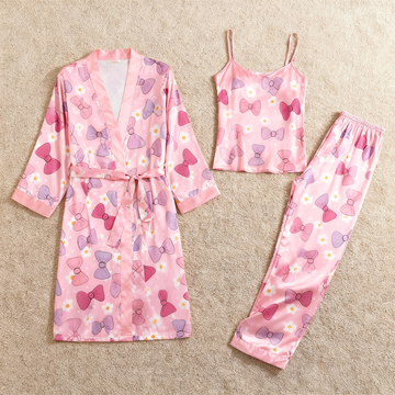 Satin 3-Piece Lovely Bowknot Sleepwear Set for Women