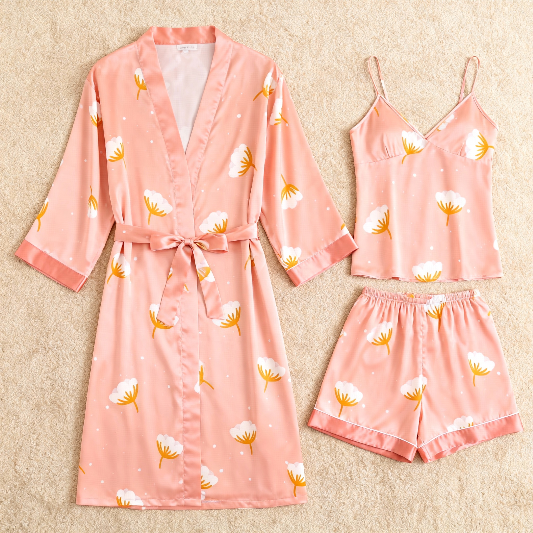 Floral Motif & Dreamscape Satin Sleepwear Trio for Women