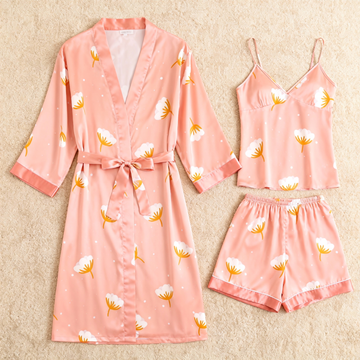 Floral Motif & Dreamscape Satin Sleepwear Trio for Women