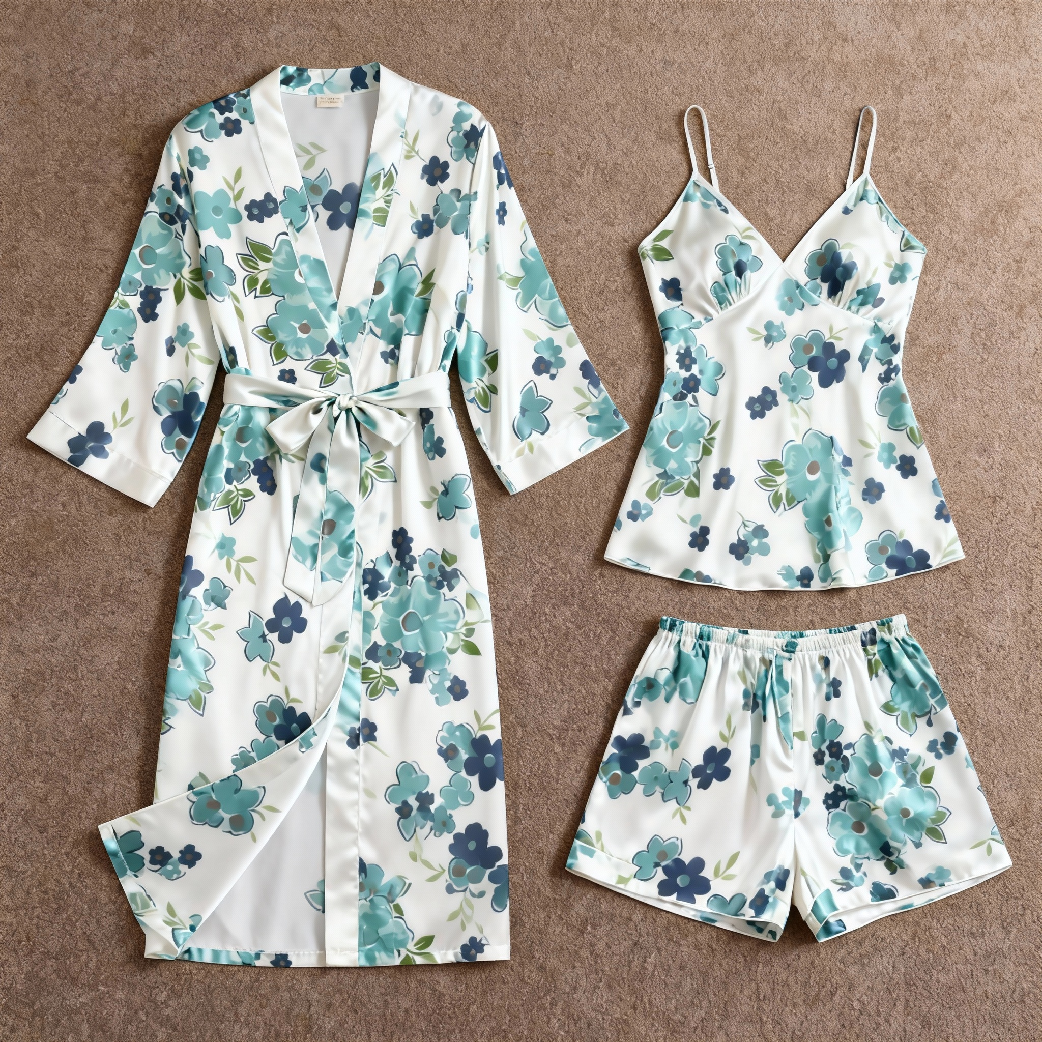 Chic Satin 3-Piece Pajama Set Featuring Natural Floral Designs