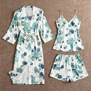 Chic Satin 3-Piece Pajama Set Featuring Natural Floral Designs