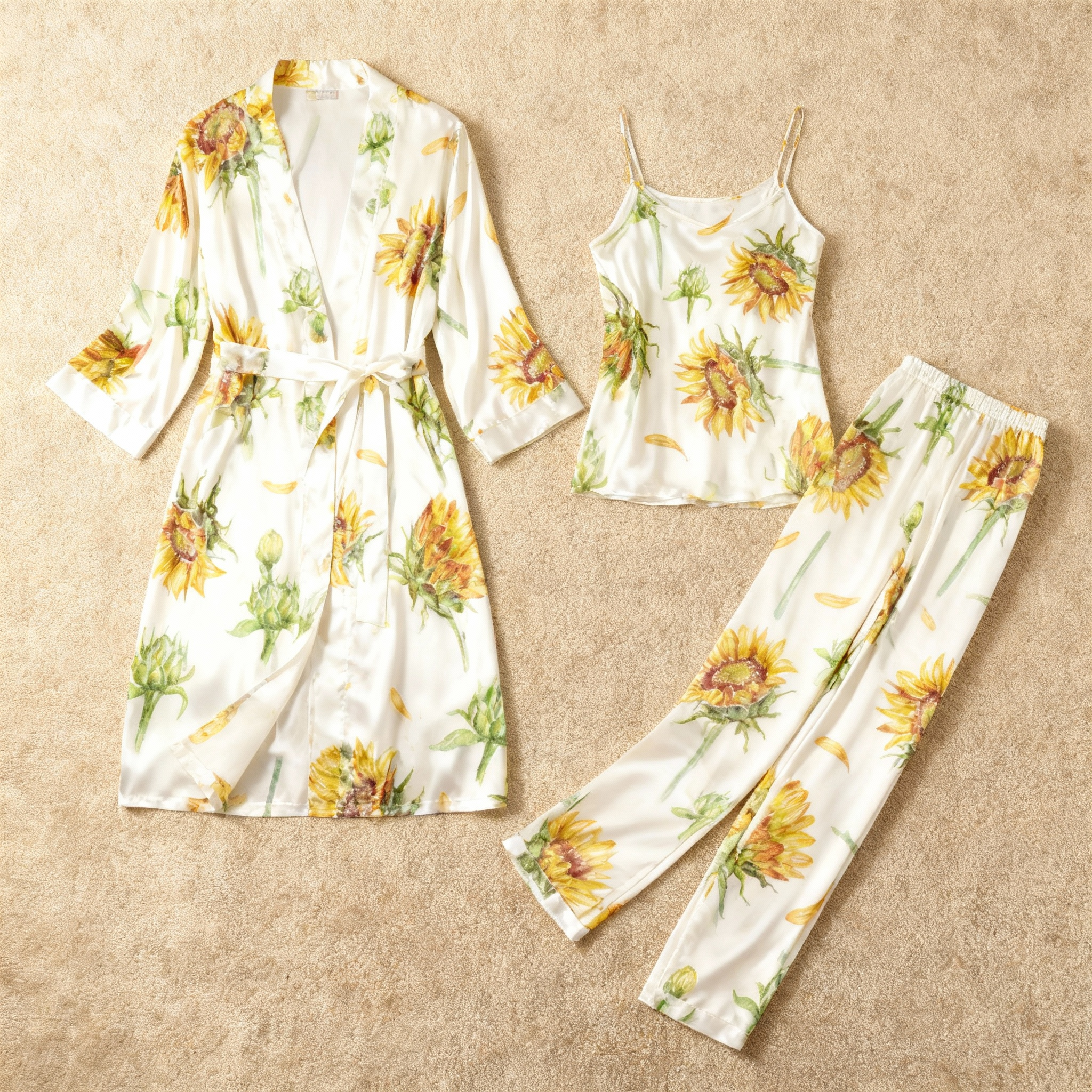 Satin 3-Piece Sunflower Sleepwear Set for Women