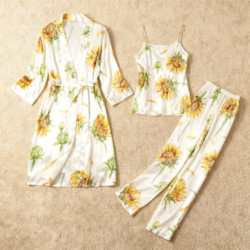 Satin 3-Piece Sunflower Sleepwear Set for Women