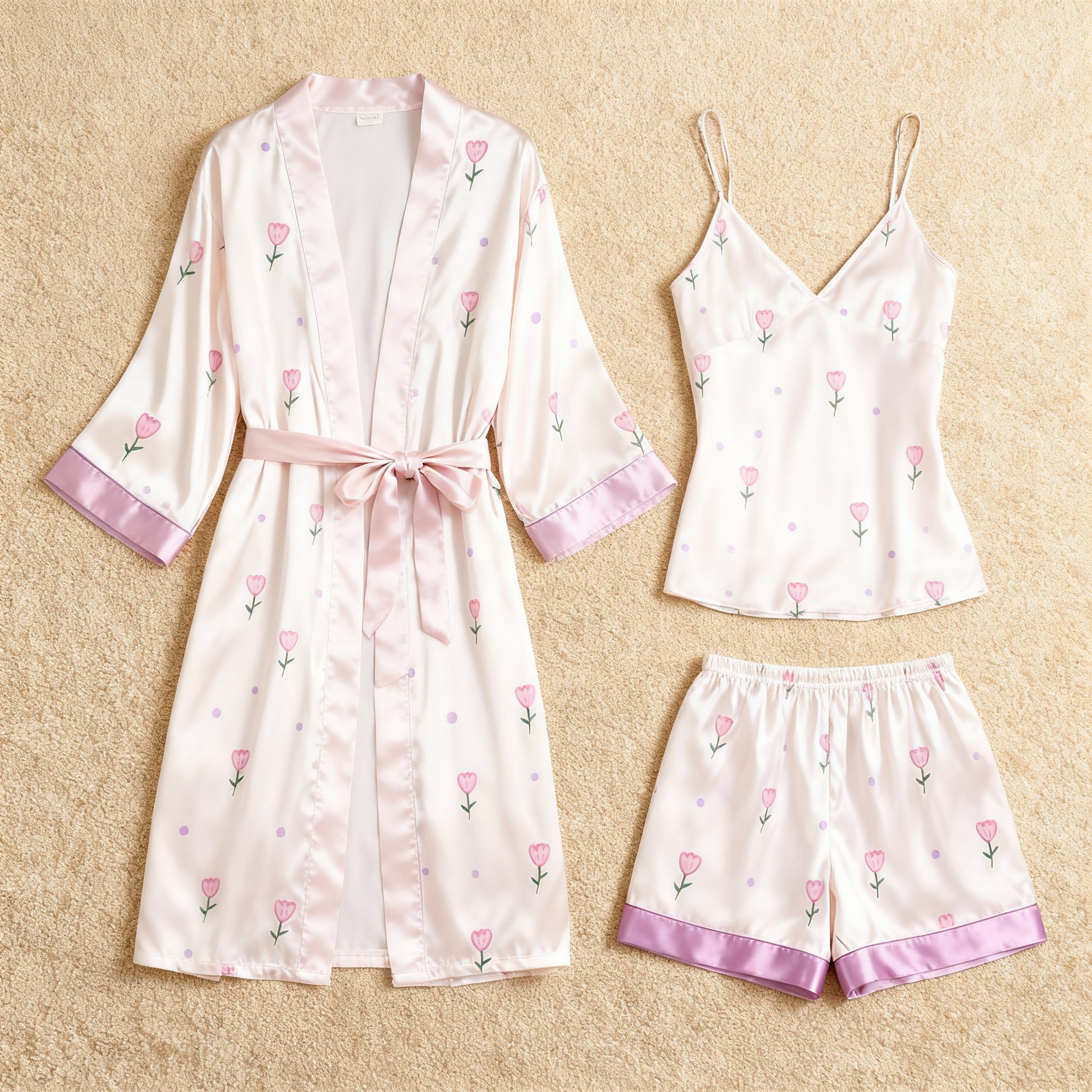 Pink Floral Motif & Dreamscape Satin Sleepwear Trio for Women
