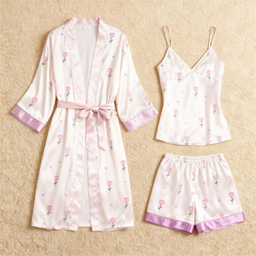 Pink Floral Motif & Dreamscape Satin Sleepwear Trio for Women