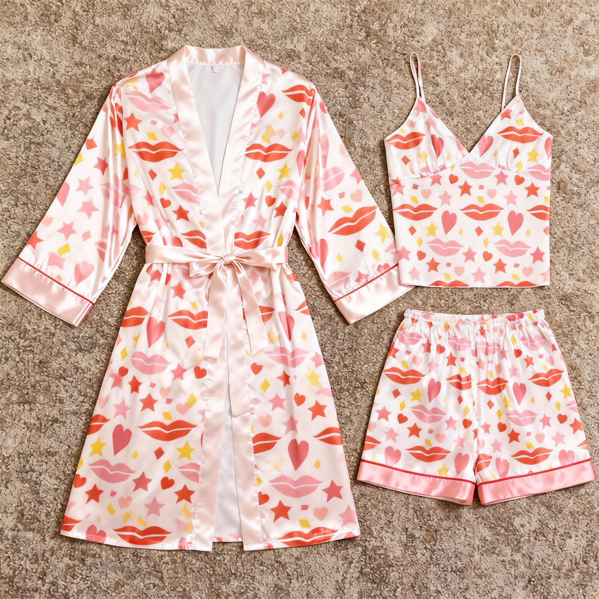 Women's Premium Satin Sleep Set Featuring Romantic Kiss Print