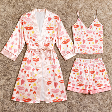 Women's Premium Satin Sleep Set Featuring Romantic Kiss Print