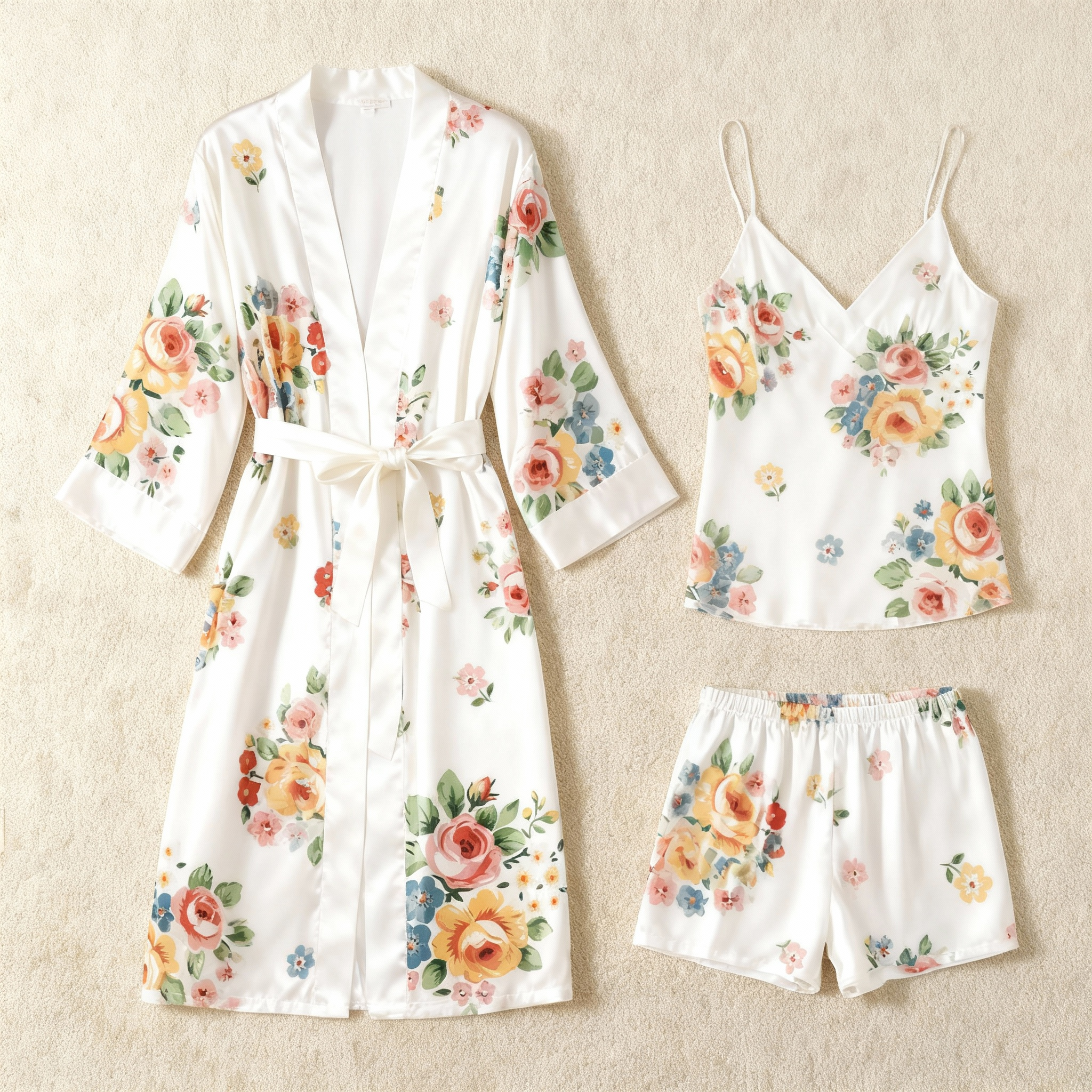 Elegant Satin Loungewear Trio with Classic Ornate Blossom Motif