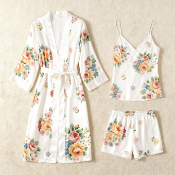 Elegant Satin Loungewear Trio with Classic Ornate Blossom Motif