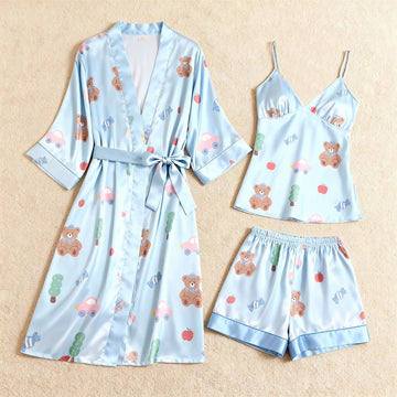 Cute Bear Print Elegance 3-Piece Satin Lounge Set for Women