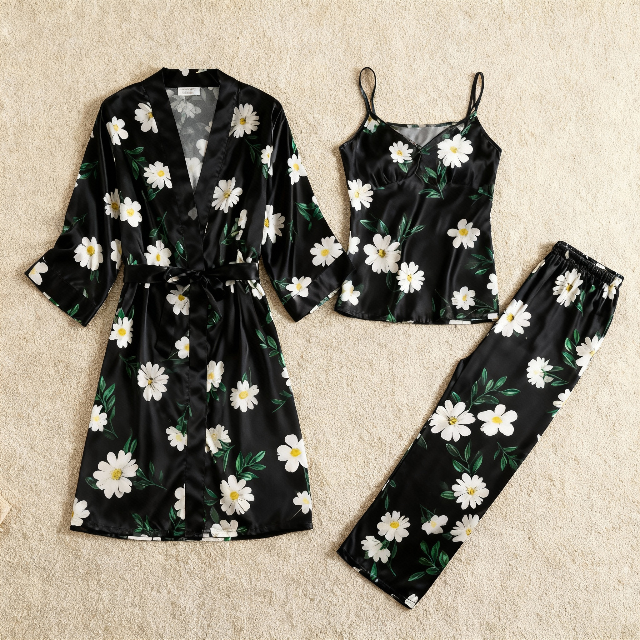 Satin 3-Piece Dreamy Black Sleepwear Set for Women