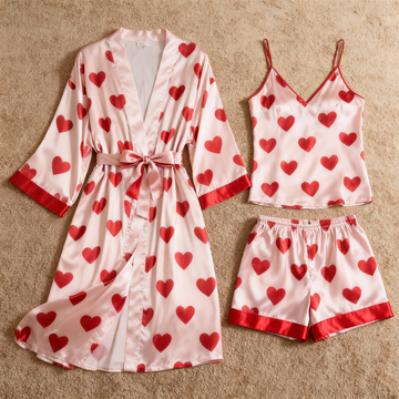 Women's Premium Satin Sleep Set Featuring Scattered Hearts Print