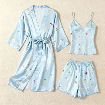 Chic Satin 3-Piece Pajama Set Featuring Floral & Butterfly Designs