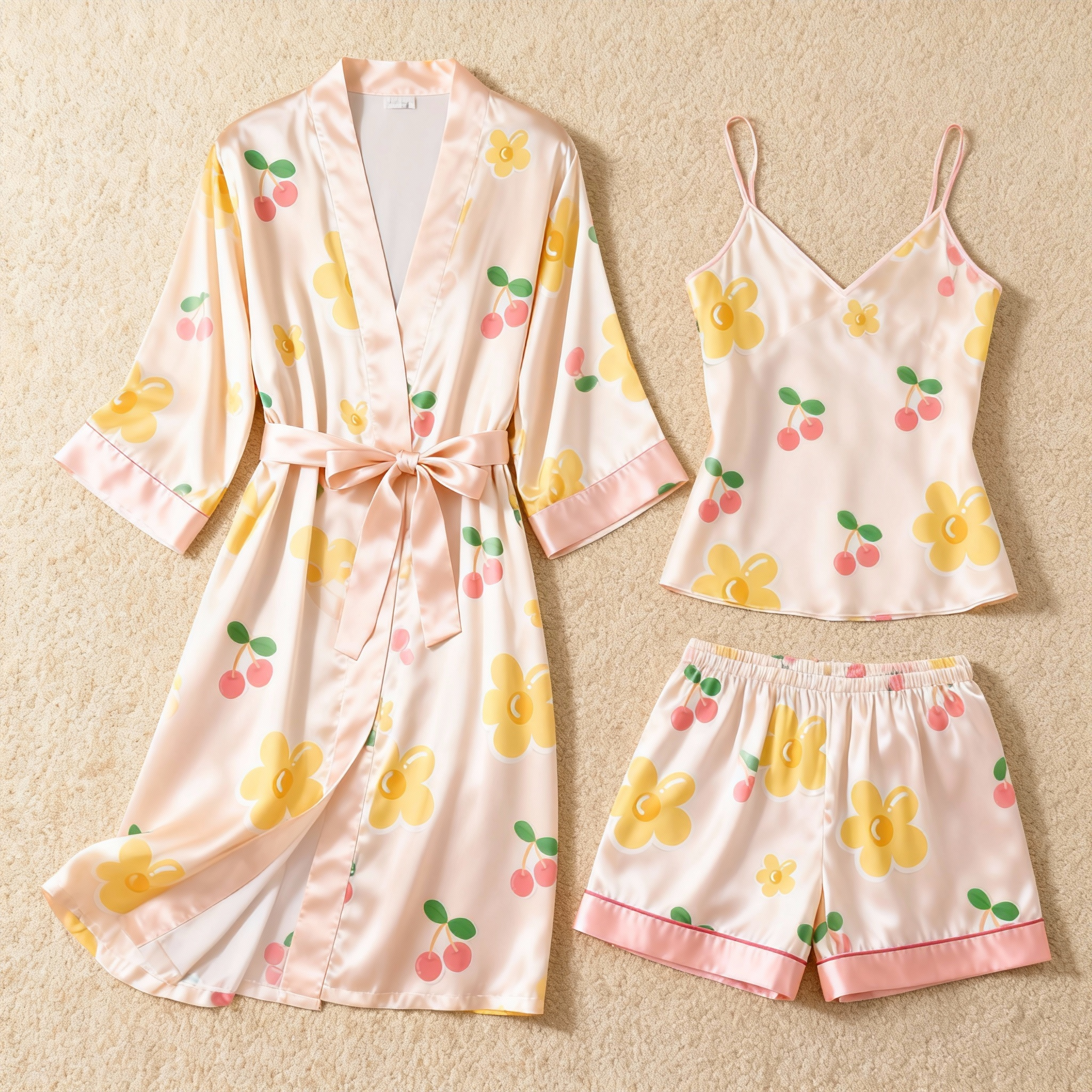 Cherry Motif & Dreamscape Satin Sleepwear Trio for Women