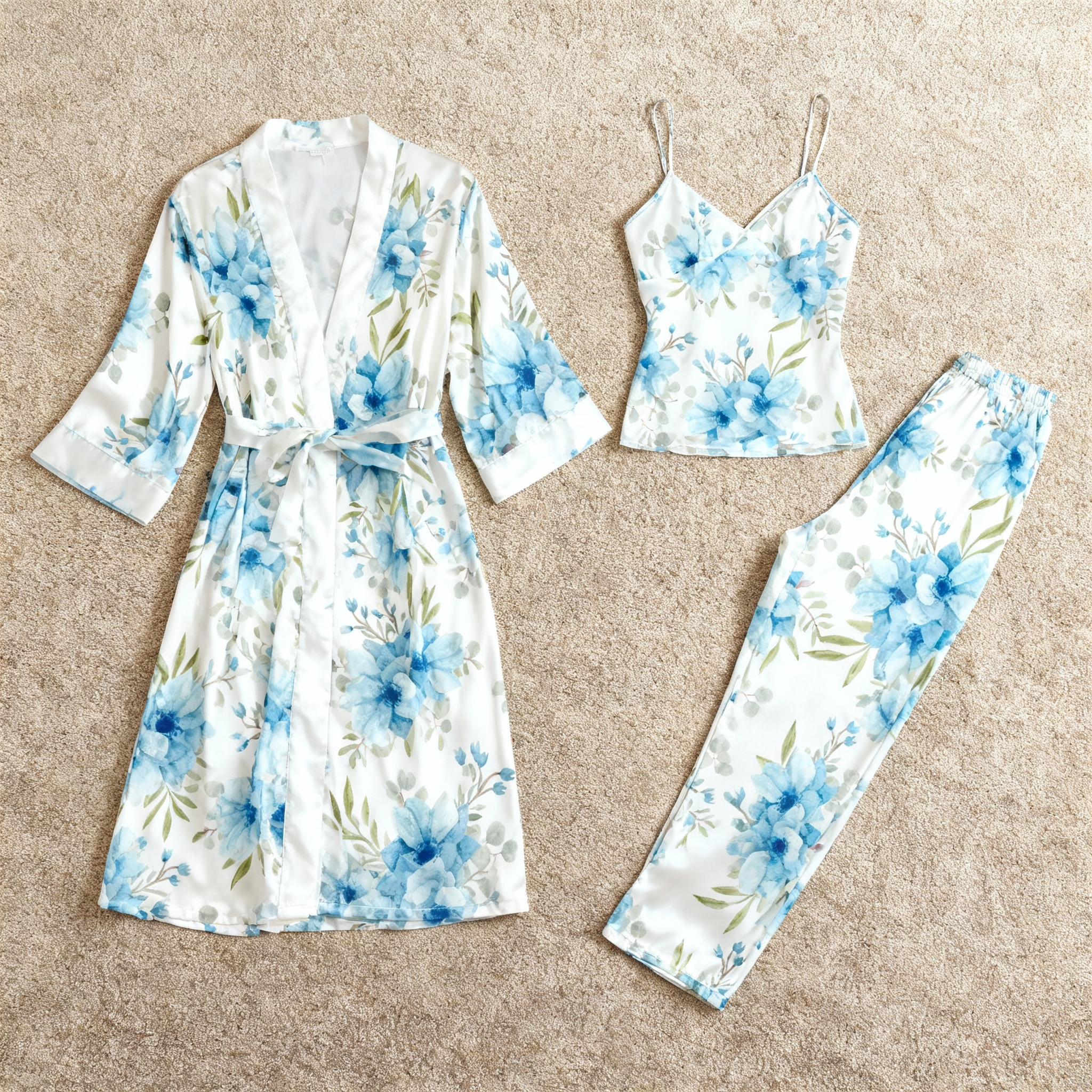 Satin 3-Piece Watercolor-Floral Sleepwear Set for Women