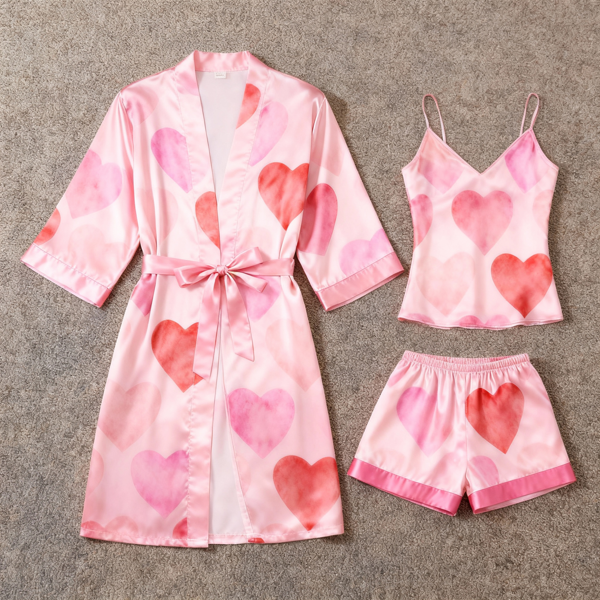 Women's Premium Satin Sleep Set Featuring Watercolor Hearts Print