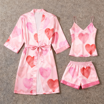 Women's Premium Satin Sleep Set Featuring Watercolor Hearts Print