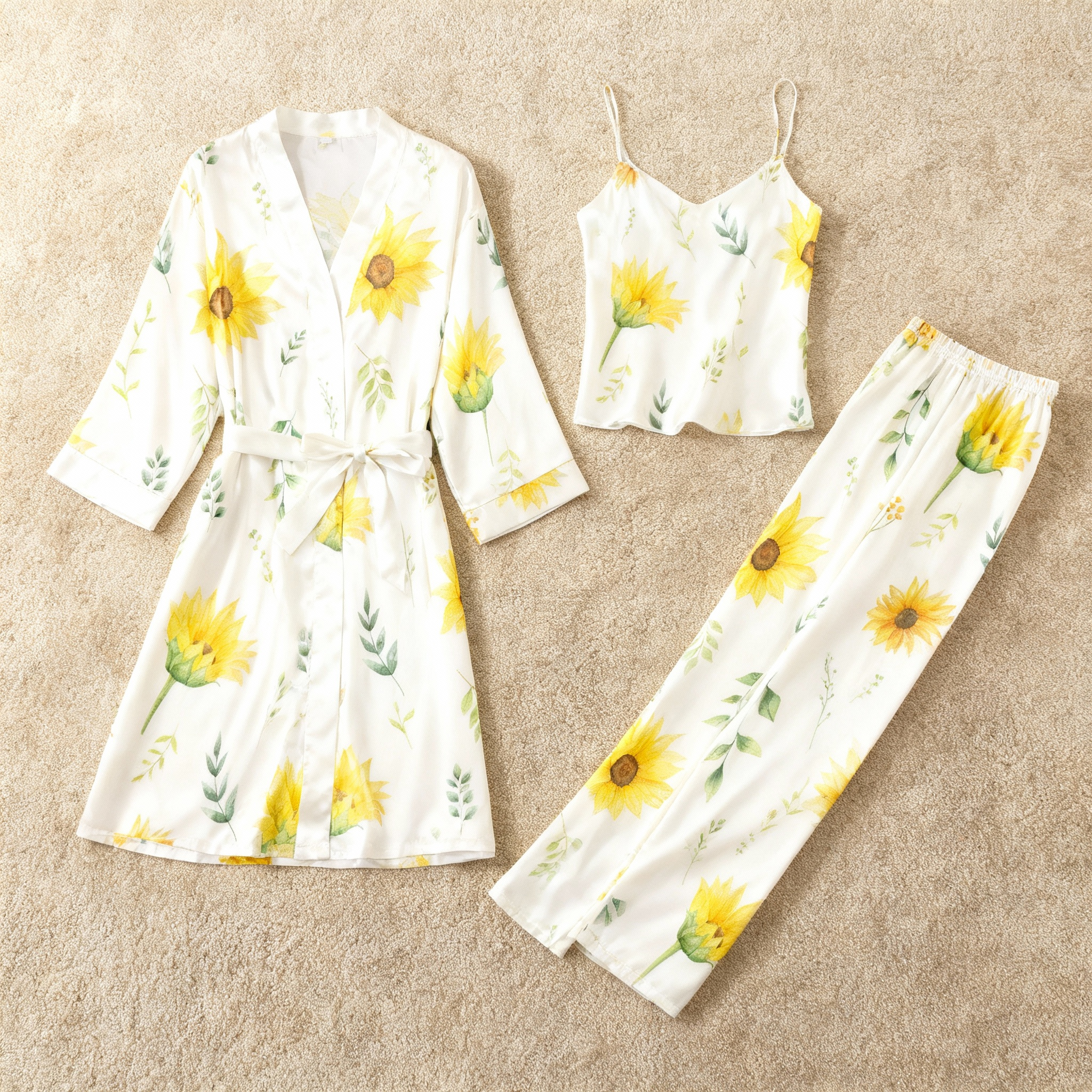 Satin 3-Piece Sunflower Floral Sleepwear Set for Women