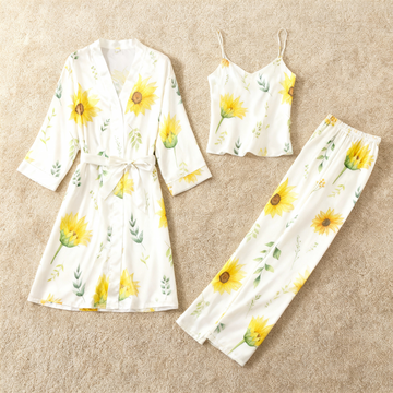Satin 3-Piece Sunflower Floral Sleepwear Set for Women